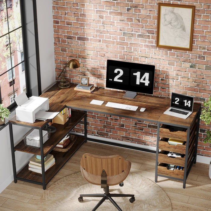 64.5" L-Shaped Desk, Reversible Computer Desk with 4 Drawers & 3 Shelves Tribesigns
