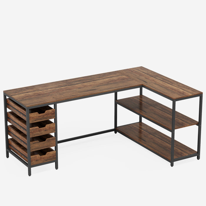 64.5" L-Shaped Desk, Reversible Computer Desk with 4 Drawers & 3 Shelves Tribesigns