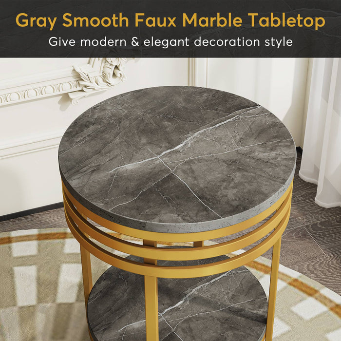 End Table, Round Faux Marble Side Table with 2-Tier Storage Shelf Tribesigns