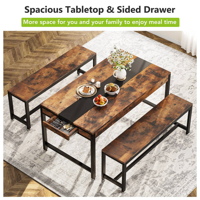 Dining Table Set, Kitchen Breakfast Table with 2 Benches & Sided Drawer Tribesigns