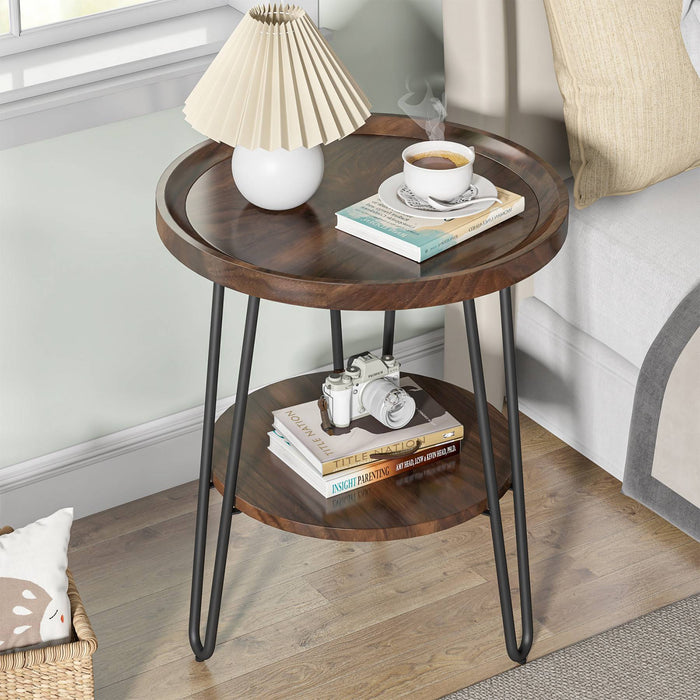 Side Table, Round 2-Tier End Table with Metal Legs Tribesigns