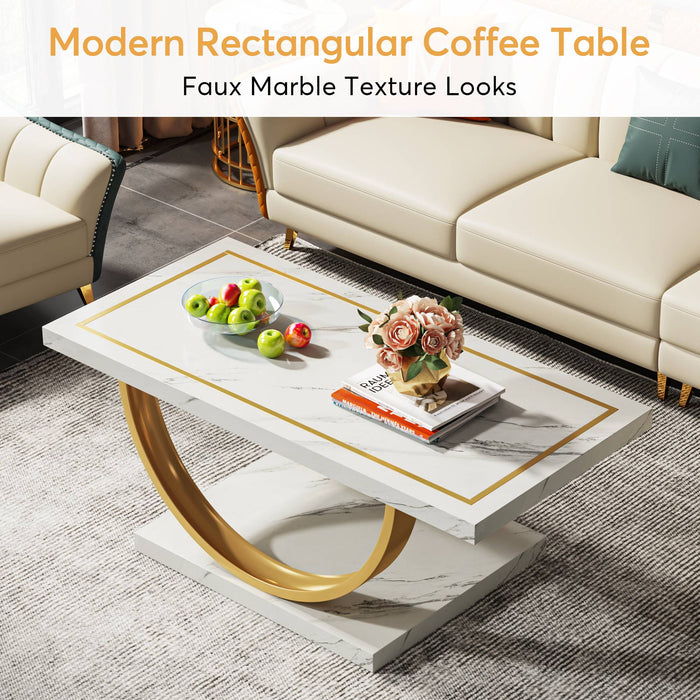 Coffee Table, Mid Century Modern Center Table with Faux Marble Veneer Tribesigns