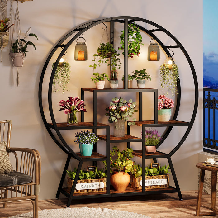 7-Tier Round Plant Stand, 65" Tall Plant Shelf with 6 S Hanging Hooks Tribesigns
