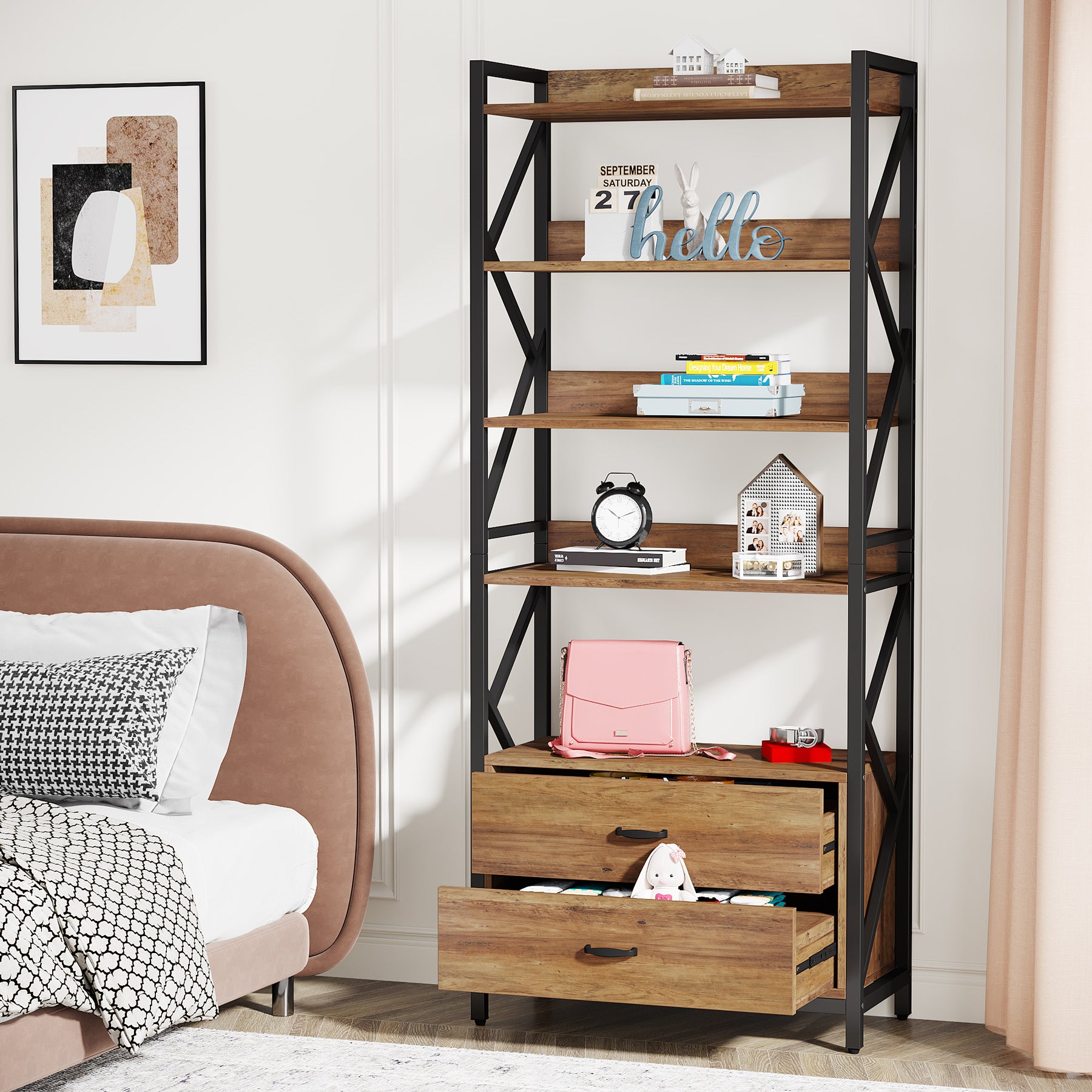 Tribesigns Bookshelf, 70.86" Industrial 5-Tier Bookcase with 2 Drawers Tribesigns