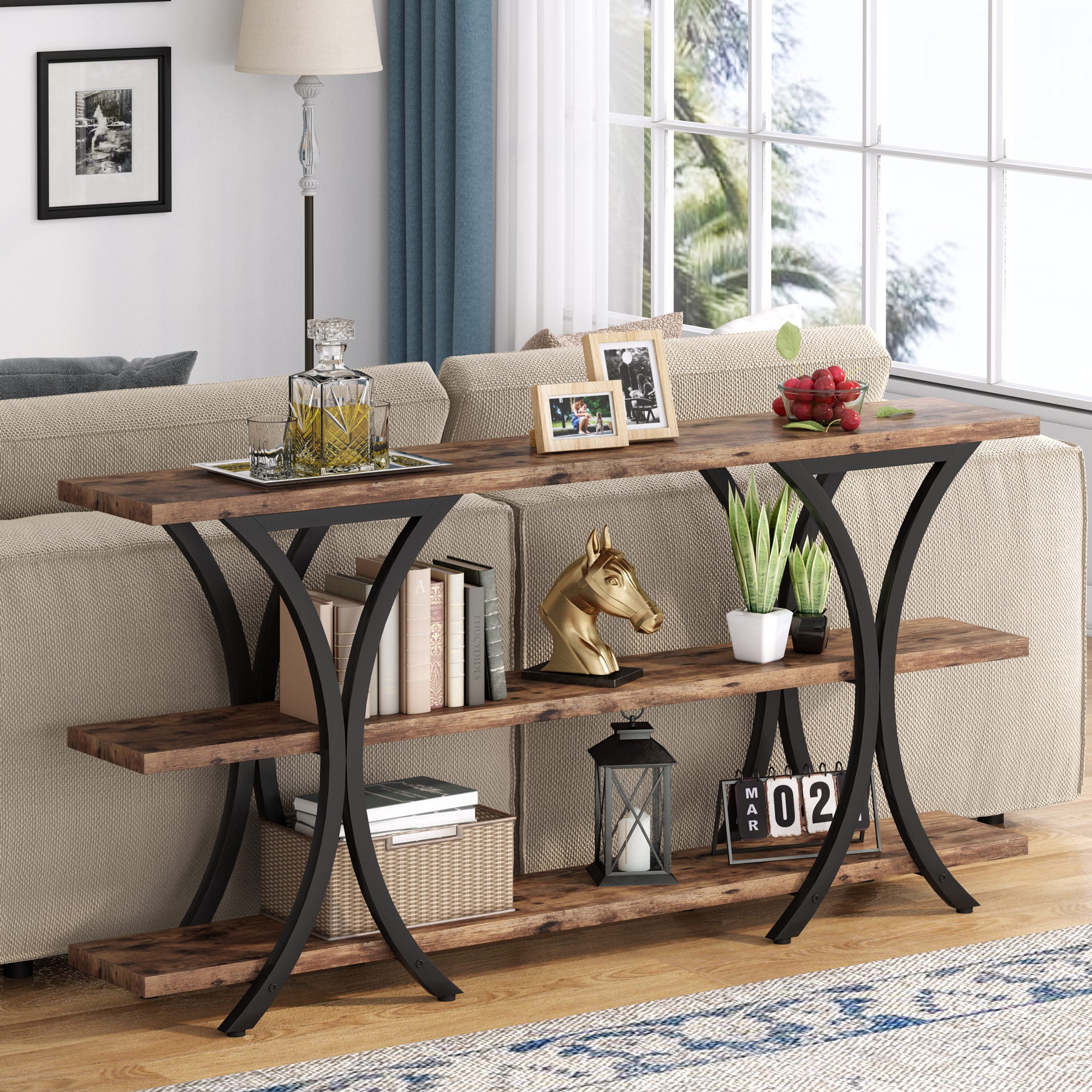 Console Table, Industrial Entryway Sofa Table with 3-Tier Shelves Tribesigns