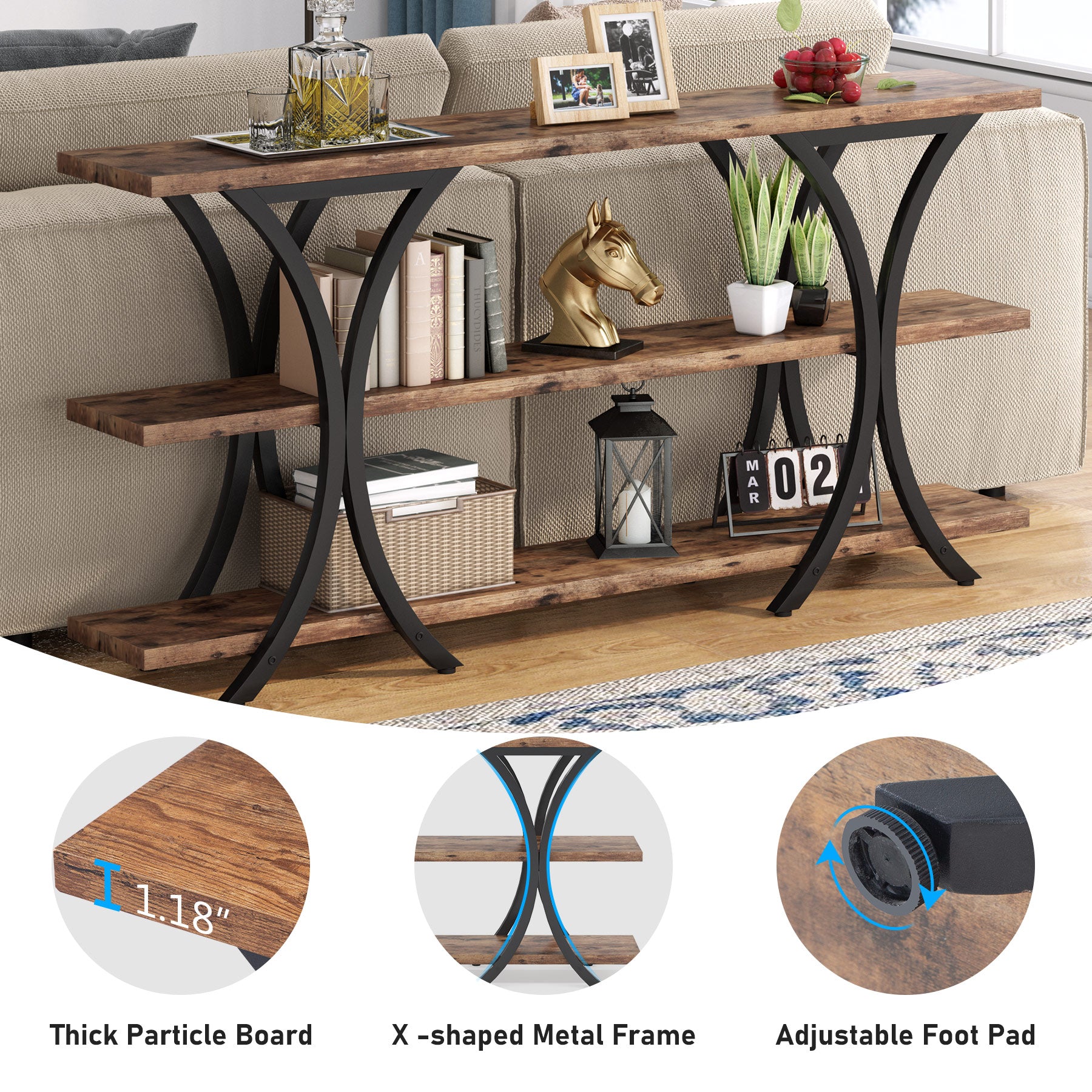 Console Table, Industrial Entryway Sofa Table with 3-Tier Shelves Tribesigns