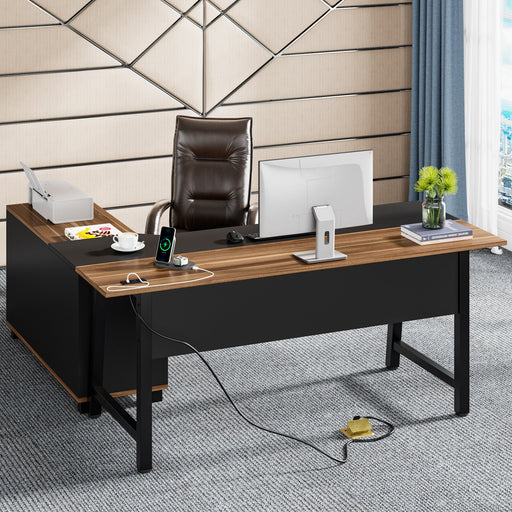70.9" L-Shaped Desk, Large Computer Desk with Power Outlet and File Cabinet Tribesigns
