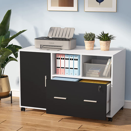 File Cabinet, Lateral Printer Stand with Wheels and Shelves Tribesigns