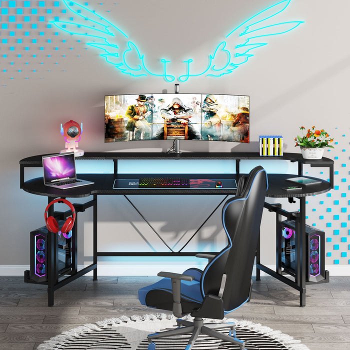75" Gaming Desk Computer Desk with LED Strip & Monitor Shelf Tribesigns