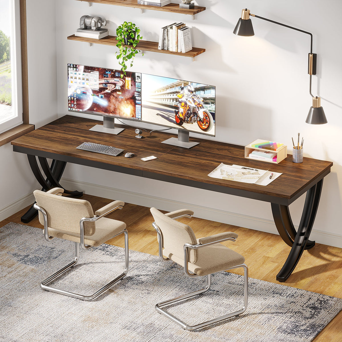 78.74'' Double Computer Desk, Industrial Office Desk with Metal Frame ...