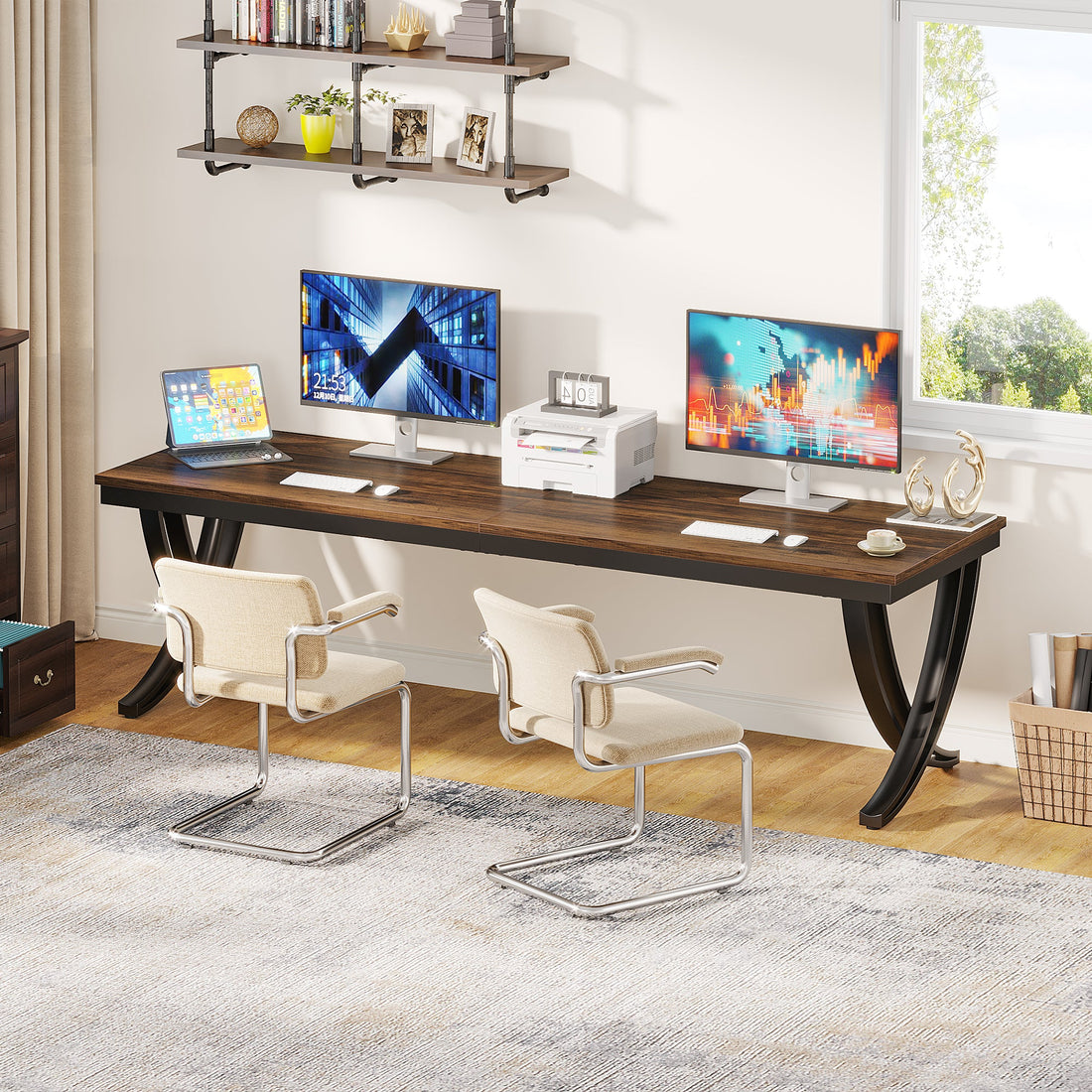 78.74'' Double Computer Desk, Industrial Office Desk with Metal Frame ...