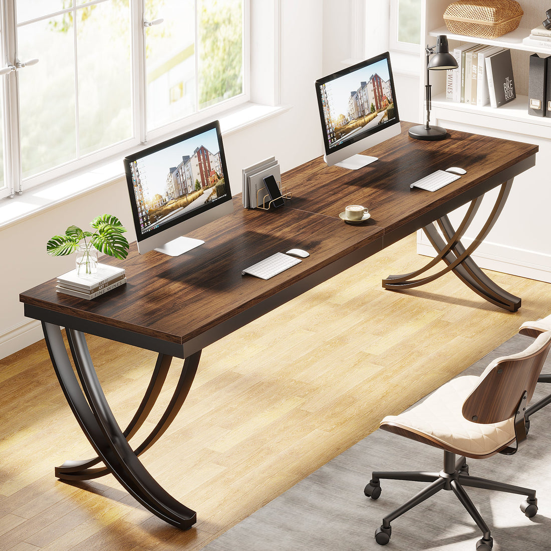 78.74'' Double Computer Desk, Industrial Office Desk with Metal Frame ...