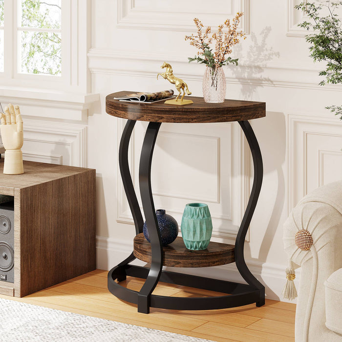 Half-Round End Table, Side Table with 2-Tier Shelves Tribesigns