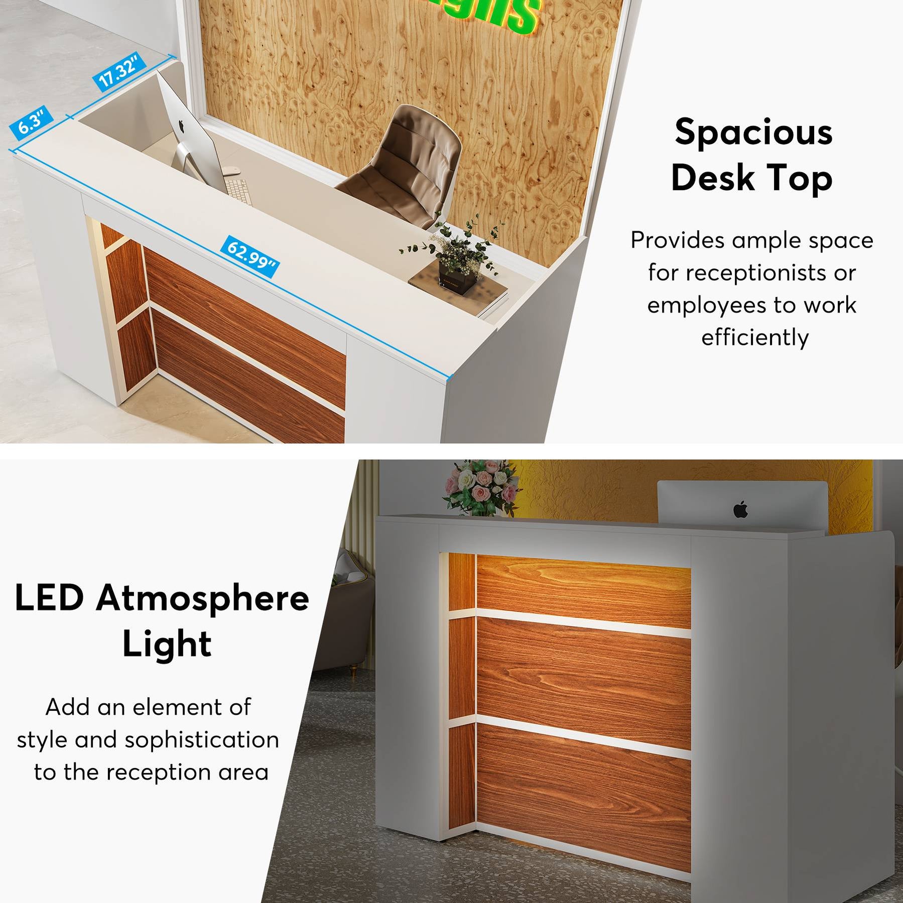 Tribesigns Reception Desk, Reception Counter Table Front Desk with LED ...