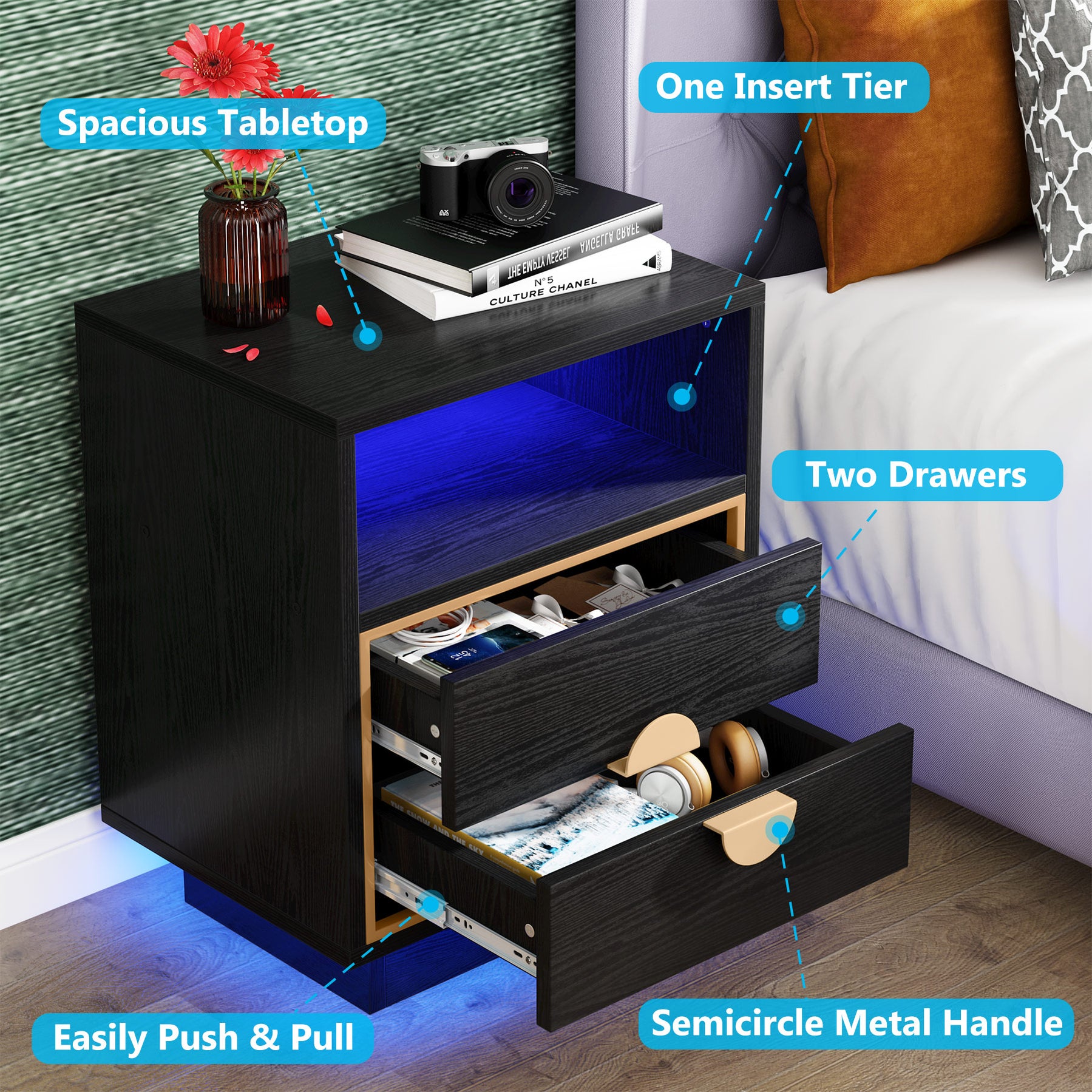 Tribesigns LED Nightstand, 2 Drawers Bedside End Table with Led Lights