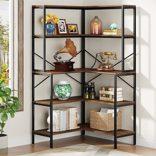 Brown Industrial 5 Tier Corner Shelf, Corner Storage Rack Indoor Plant  Stand, Modern Corner Bookshelf and Bookcase
