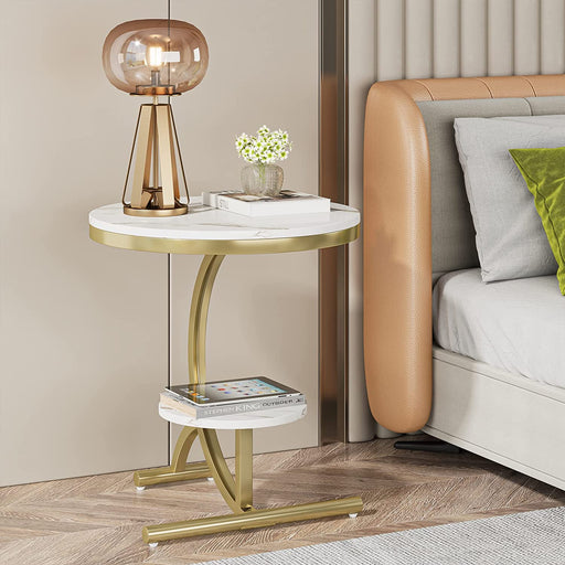 End Table, 2-Tier Round Faux Marble Sofa Side Table Tribesigns