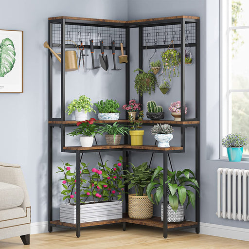 Corner Plant Stand, 67 Tall Flower Shelf with 15 Hanging Hooks