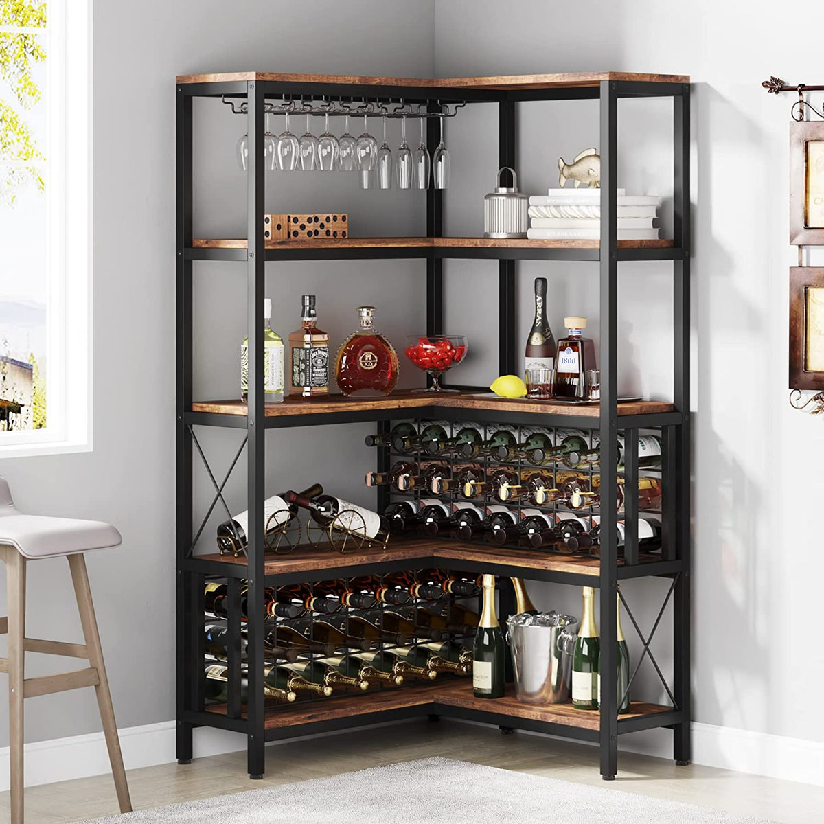 Corner Wine Rack, Freestanding Bar Cabinets for Liquor and Glasses Storage