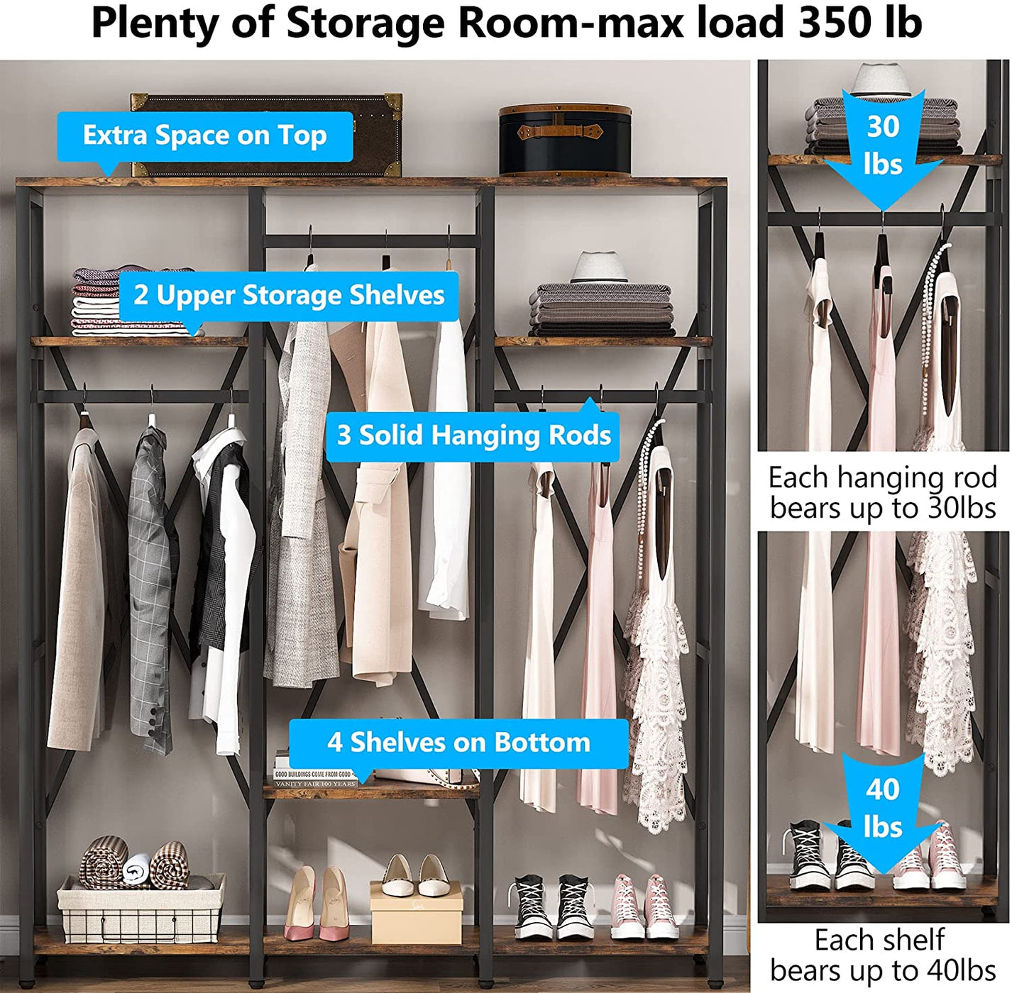 Tribesigns Freestanding Closet Organizer, Industrial 3 Rod Garment Rack