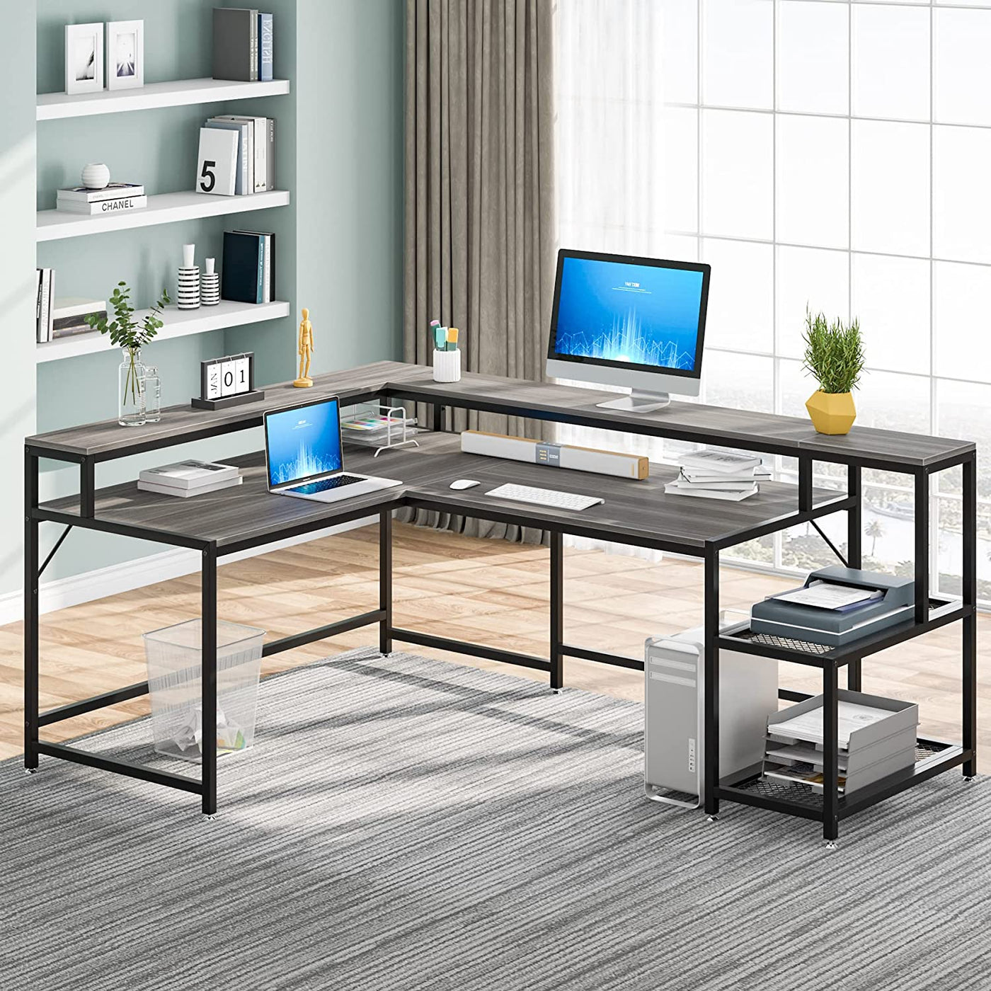 Tribesigns Reversible L-Shaped Desk with Monitor Stand & Storage Shelf