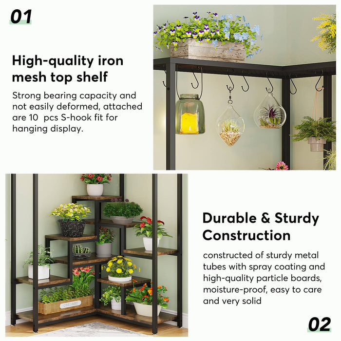Corner Plant Stand, 70.9" Corner Flower Shelf with S Hanging Hooks Tribesigns