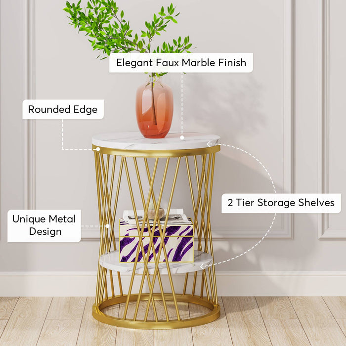 End Table, 2-Tier Round Bedside Table with Faux Marble Shelves Tribesigns