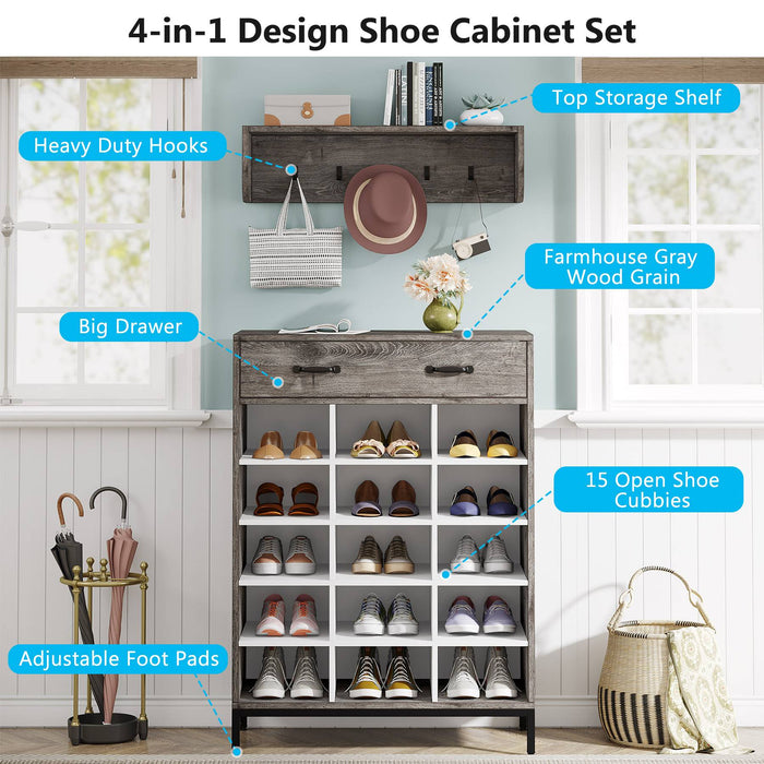 Tribesigns Shoe Cabinet with Coat Rack, Shoe Rack with 15 Cubbies & Drawer Tribesigns