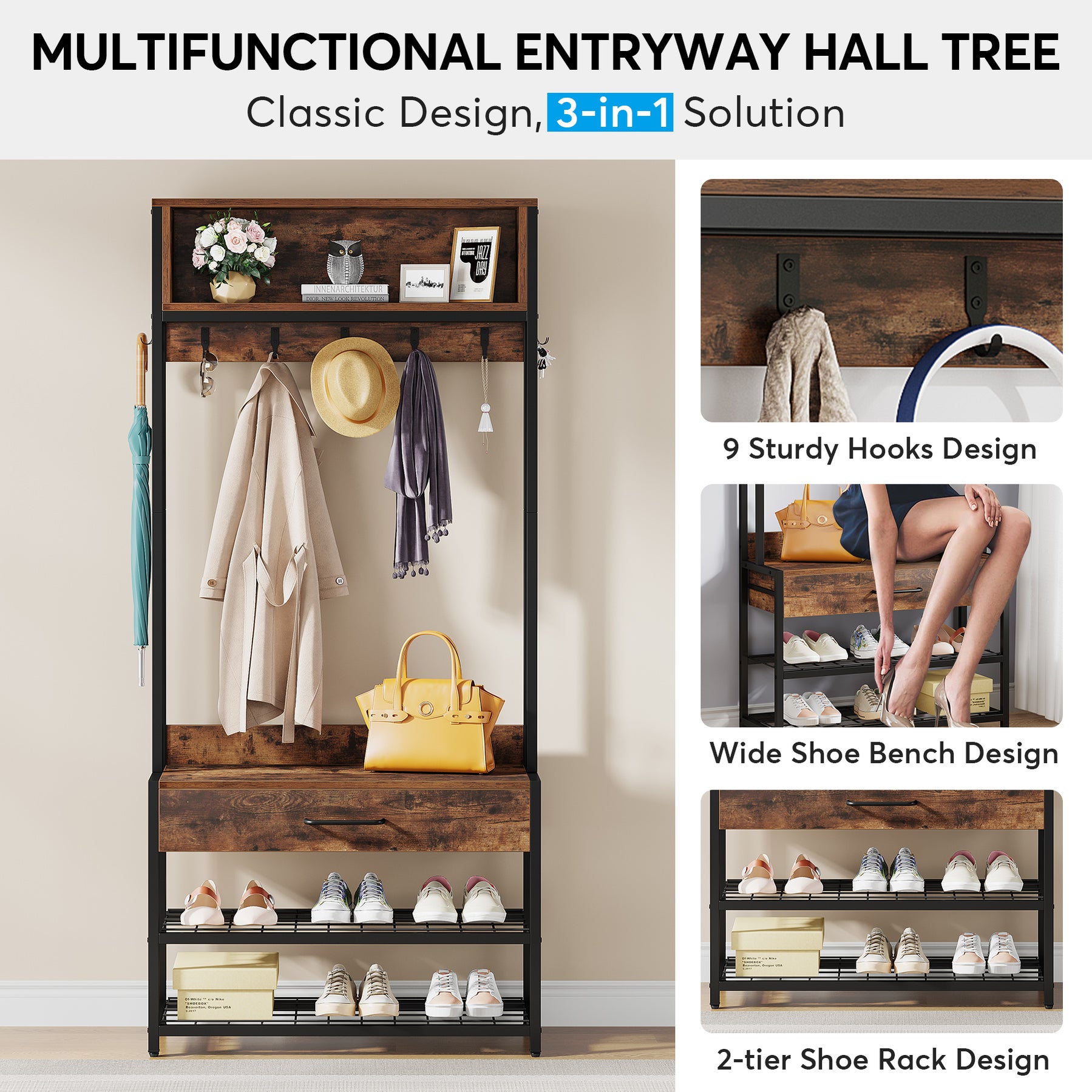 Tribesigns Coat Rack Shoe Bench, Entryway Hall Tree with Drawer & Hook