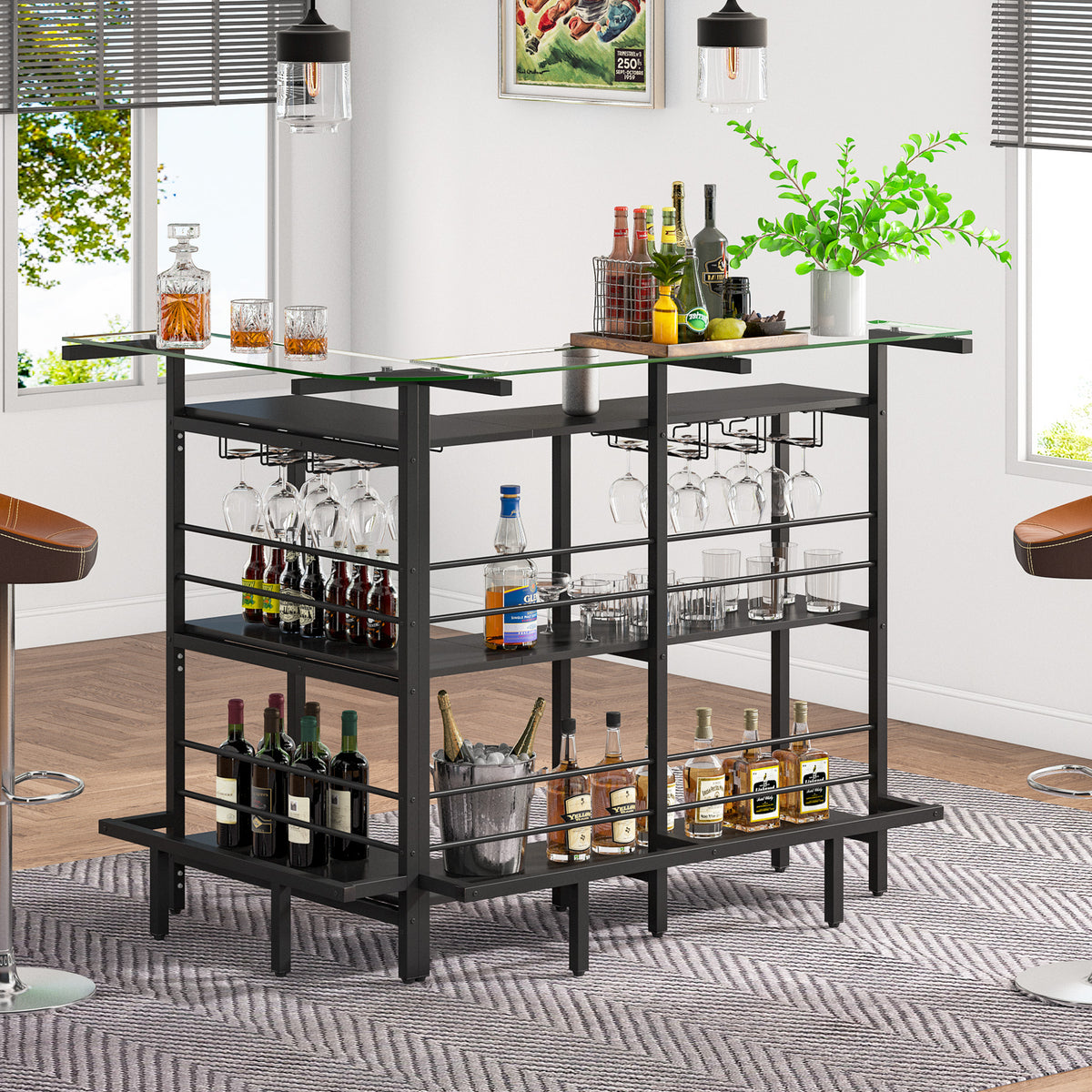 Tribesigns Bar Unit, L-Shaped Liquor Bar Table with Glass Counter Top