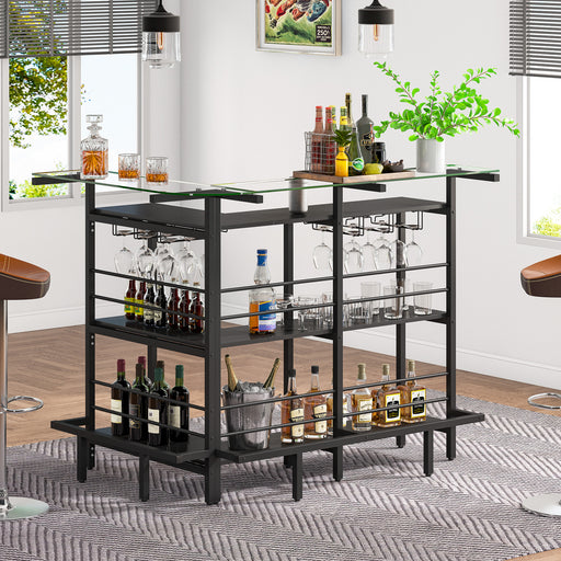 Home Bar Unit, L Shaped Liquor Bar Table with Glass Counter Top Tribesigns