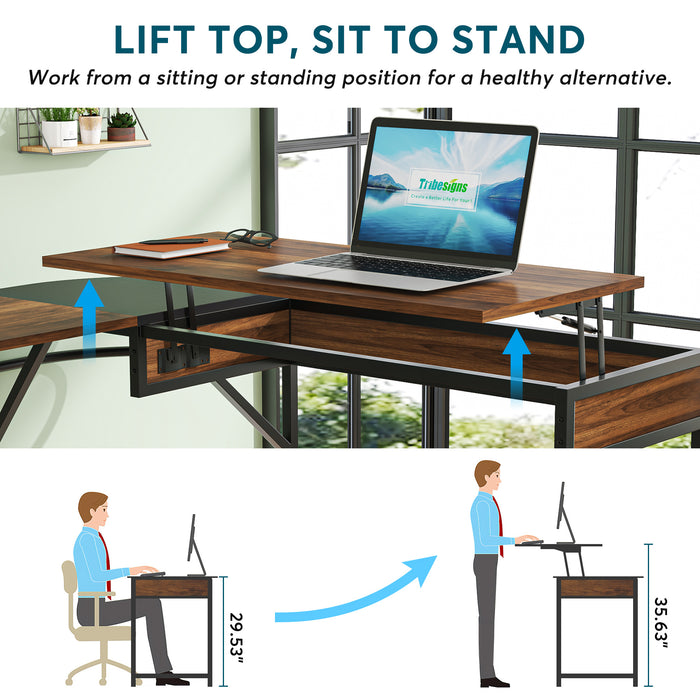 Tribesigns L-Shaped Desk with Lift Top, 59" Corner Computer Desk with Storage Shelves Tribesigns