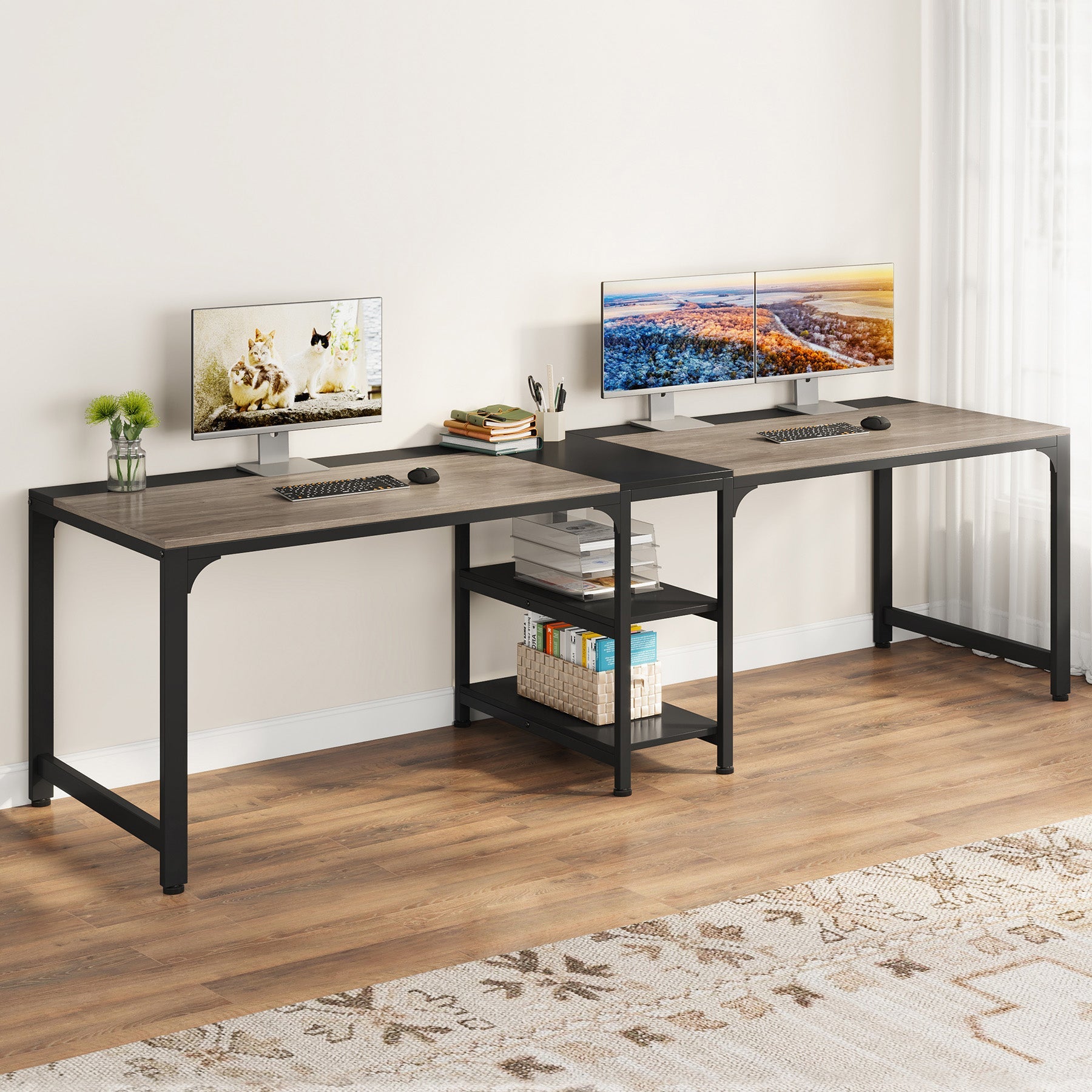 Tribesigns Two Person Desk, 90.55" Double Computer Desk with Shelves