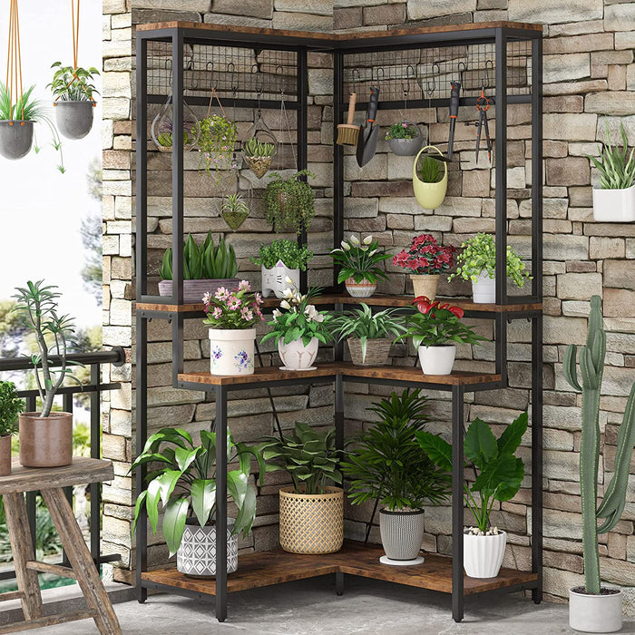 Corner Plant Stand, 67" Tall Flower Shelf with 15 Hanging Hooks Tribesigns