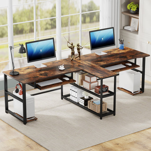 94.5Computer Gaming Desk with Storage & USB Power Strip, Keyboard Tray &  Monitor Stand, Home Office Desks with LED Lights,Extra Long Double Desk for  2 Person, Rustic Brown 