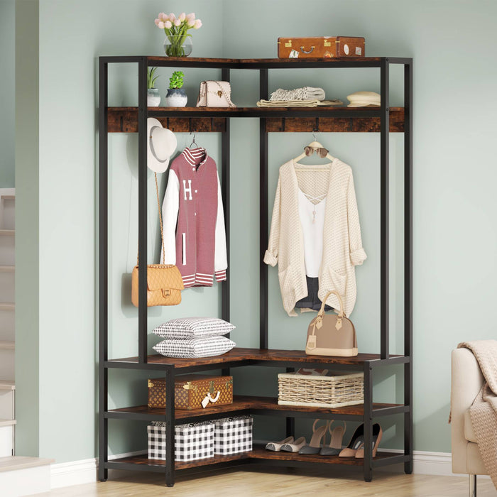 Freestanding Closet Organizer, L-Shaped Hall Tree with Shoe Bench Tribesigns