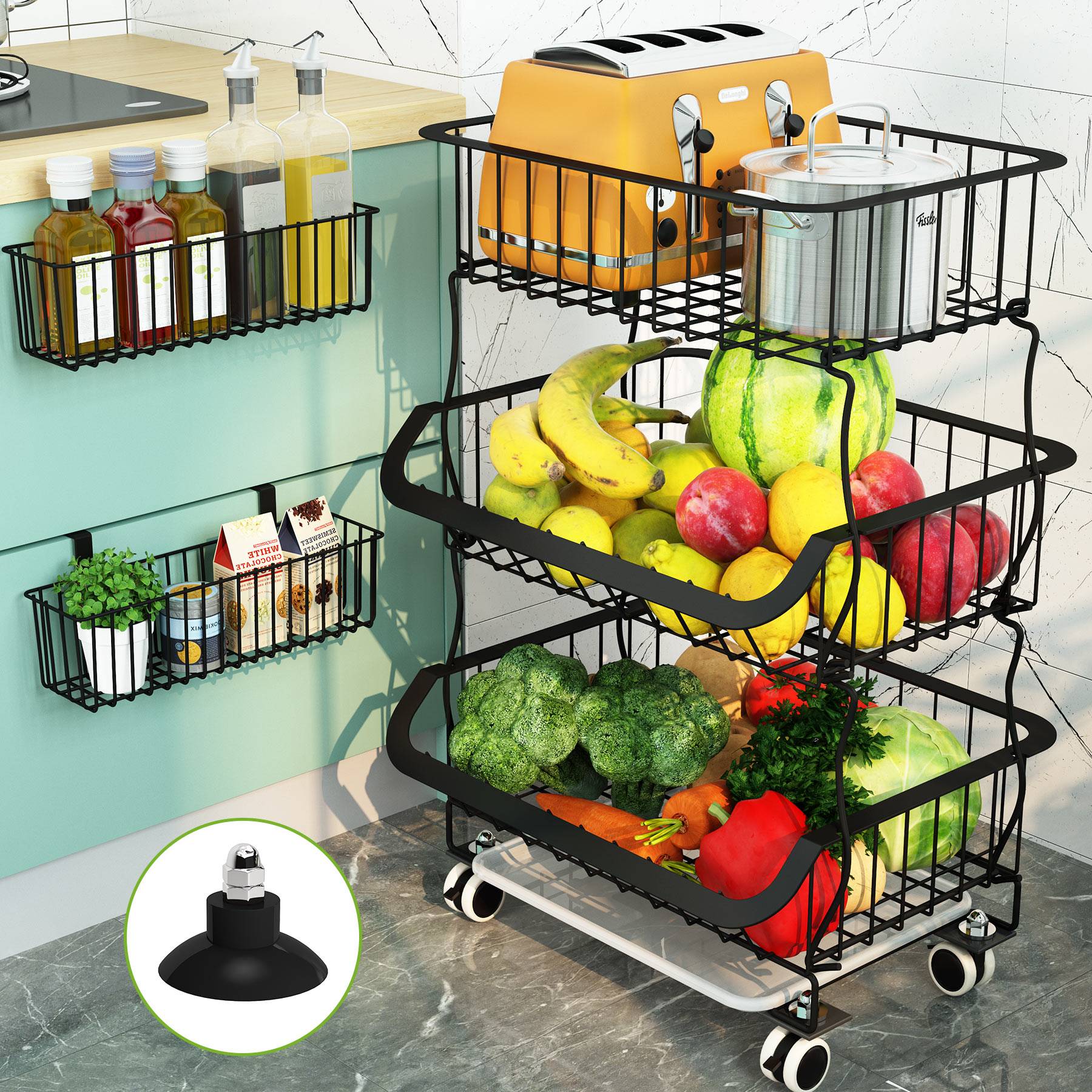 Fruit Vegetable Basket, 1Easylife 5 Tier Stackable Metal Wire Basket Cart  with Rolling Wheels, Utility Rack for Kitchen, Pantry, Garage With 2 Free