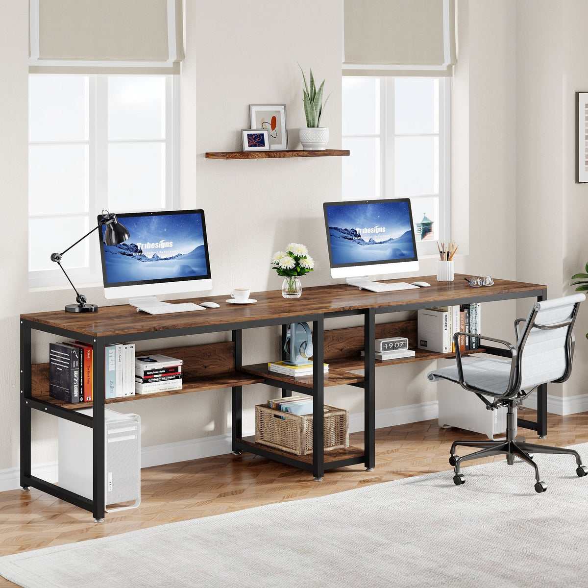 Tribesigns Double Workstation Desk with Shelves
