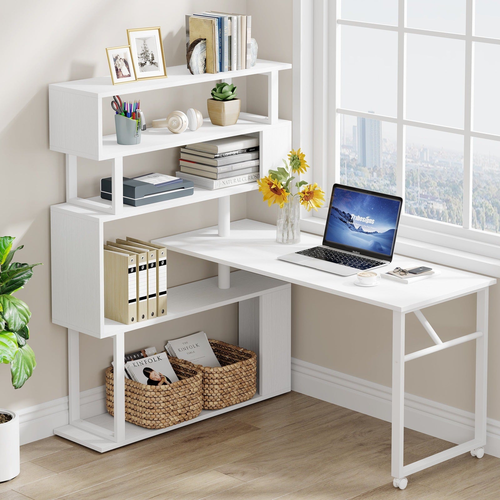 TribeSigns Rotating Computer Desk with 5 Shelves Bookshelf, Vintage Rustic  L-Shaped Corner Desk with Storage, Reversible Office Desk Study Table