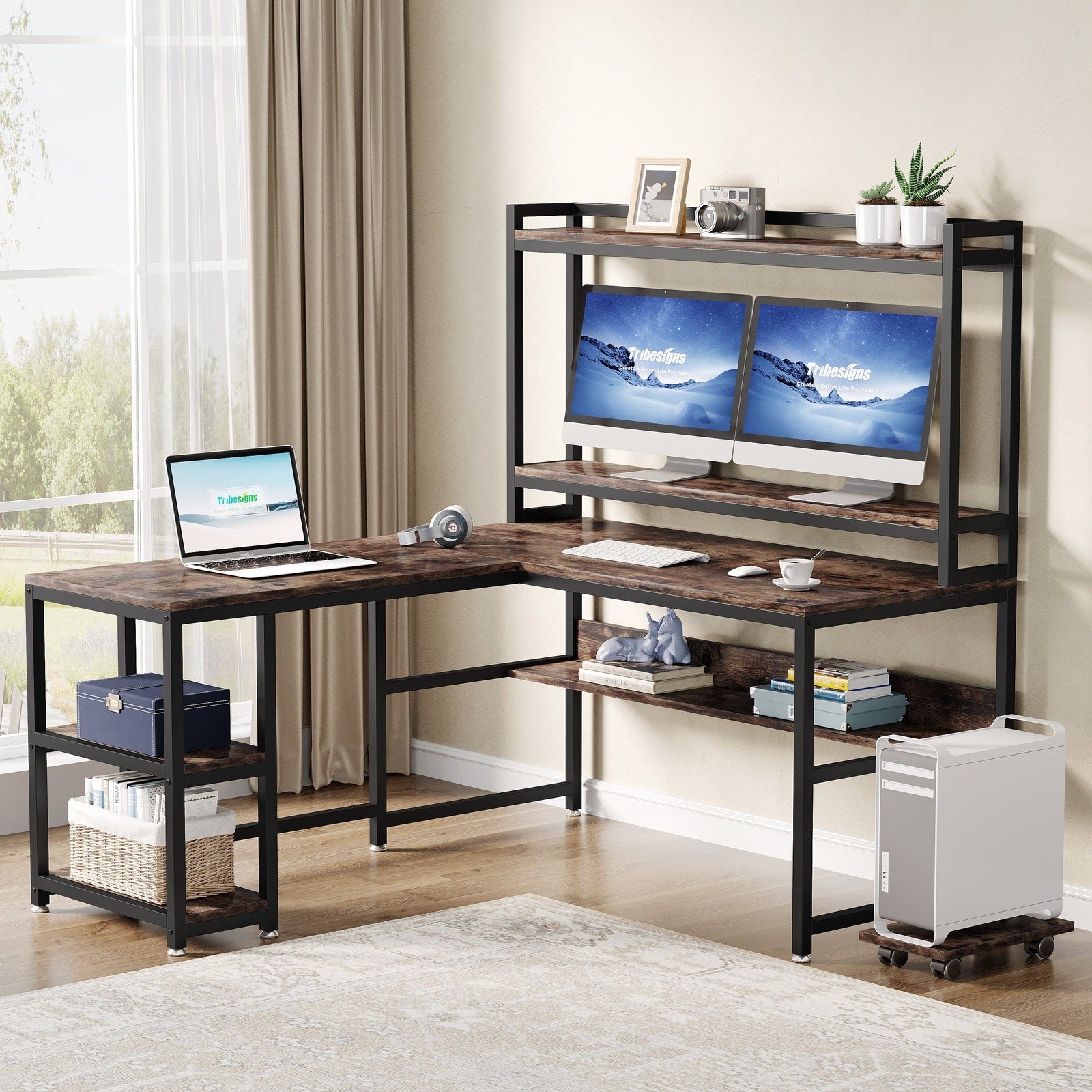 i5 Industries Contemporary L-Desk with Glass Door Hutch and Mobile File