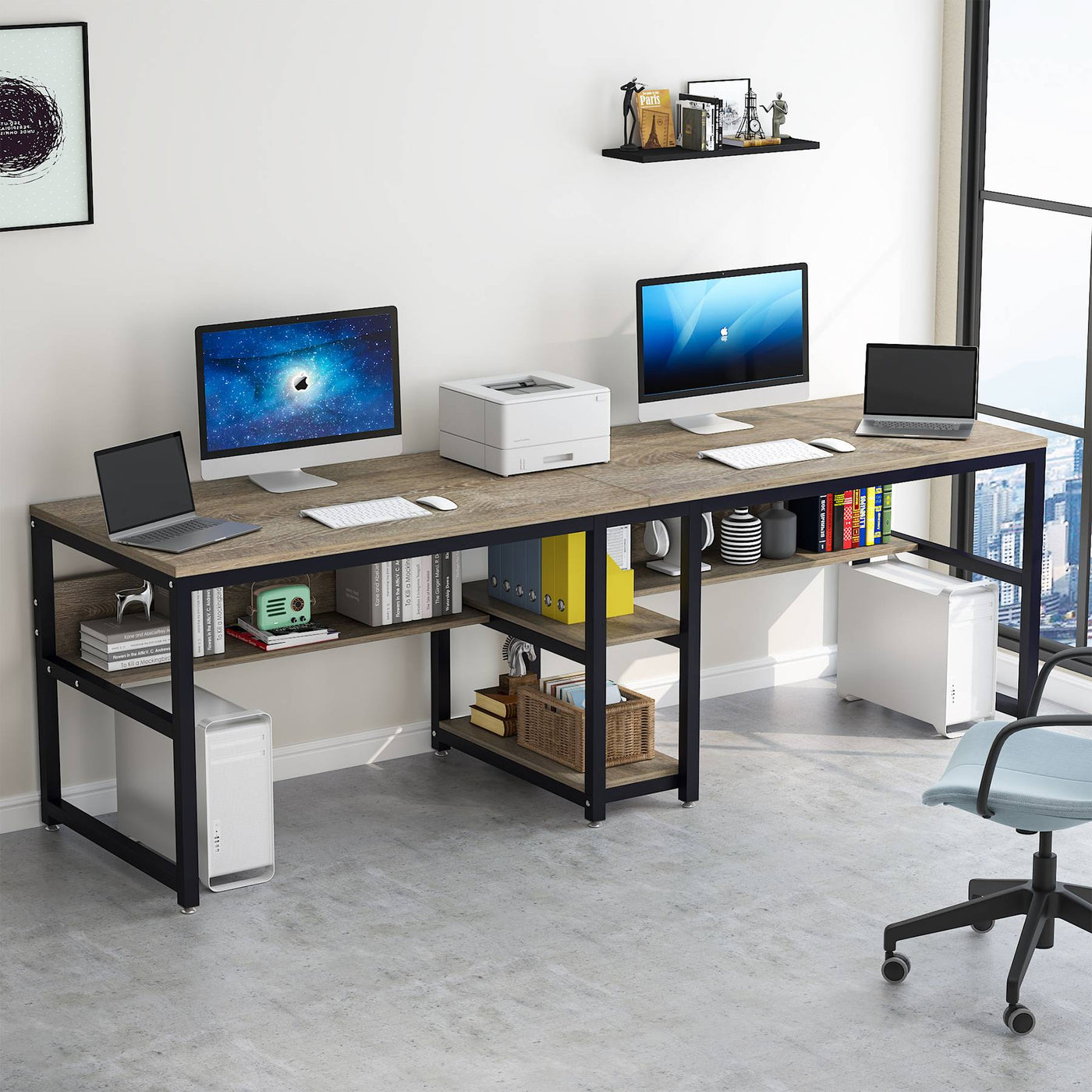 Work Stations Computer Double Rack Tribesigns Double Workstation Desk with Shelves