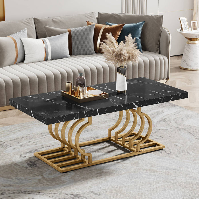 Coffee Table, 47" Faux Marble Cocktail Table with Geometric Frame Tribesigns