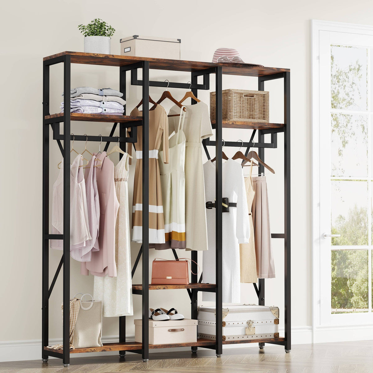 Freestanding Closet Organizer with Open Shelves & 2 Drawers Bedroom Garment  Rack 