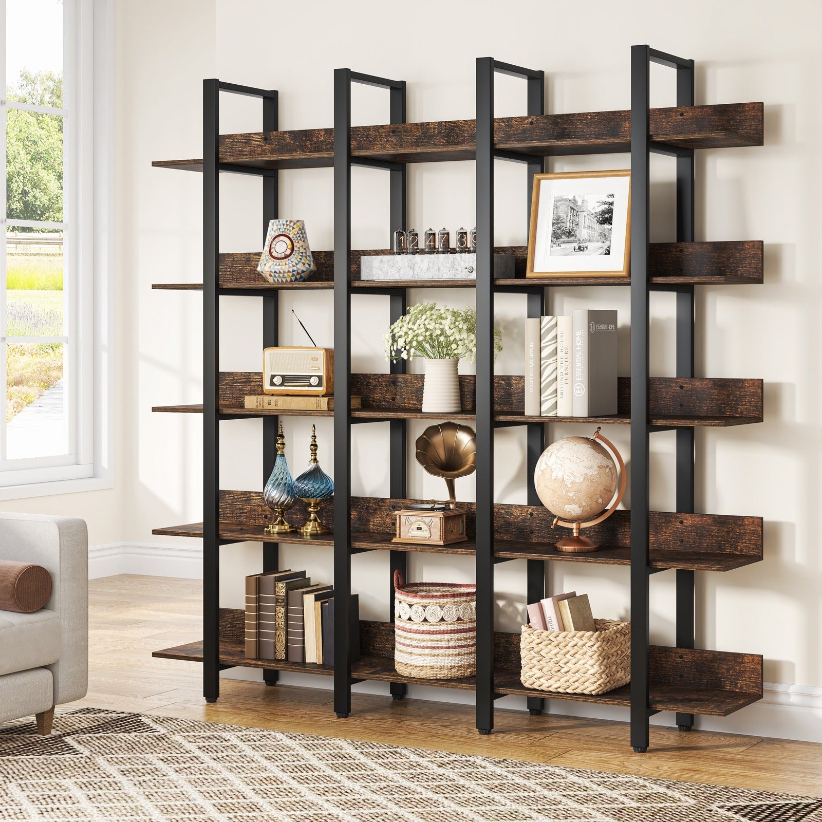 Earlimart 70.9 Vintage Brown Wood Triple Wide 5-Shelf Bookcase, Indust