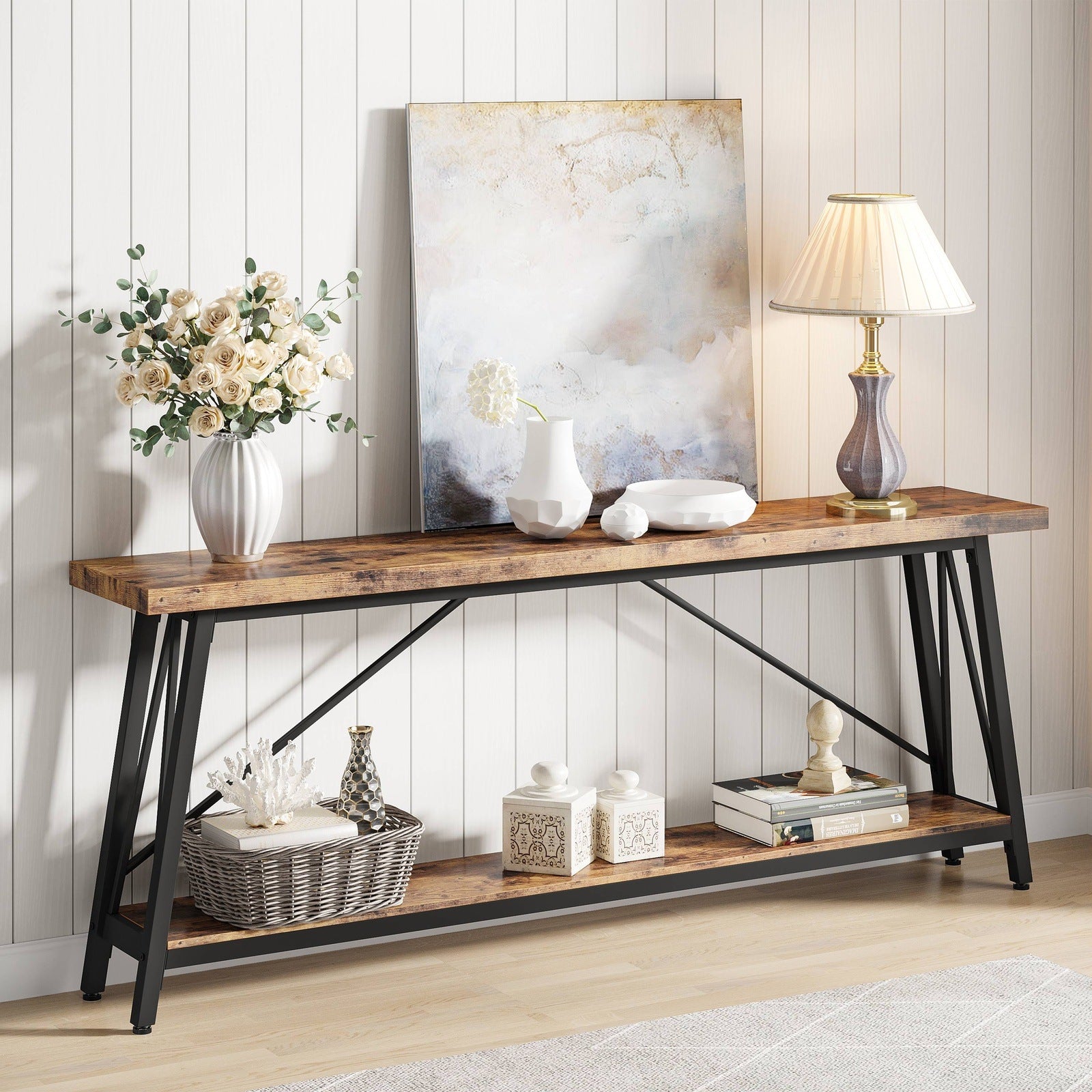 2 Drawers Industrial Console Table with Steel Frame for Small Space-Rustic Brown