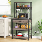 Tribesigns's 5-tier Kitchen Baker's Rack with Power Outlets, Drawer & Sliding Shelves, grey color. 
