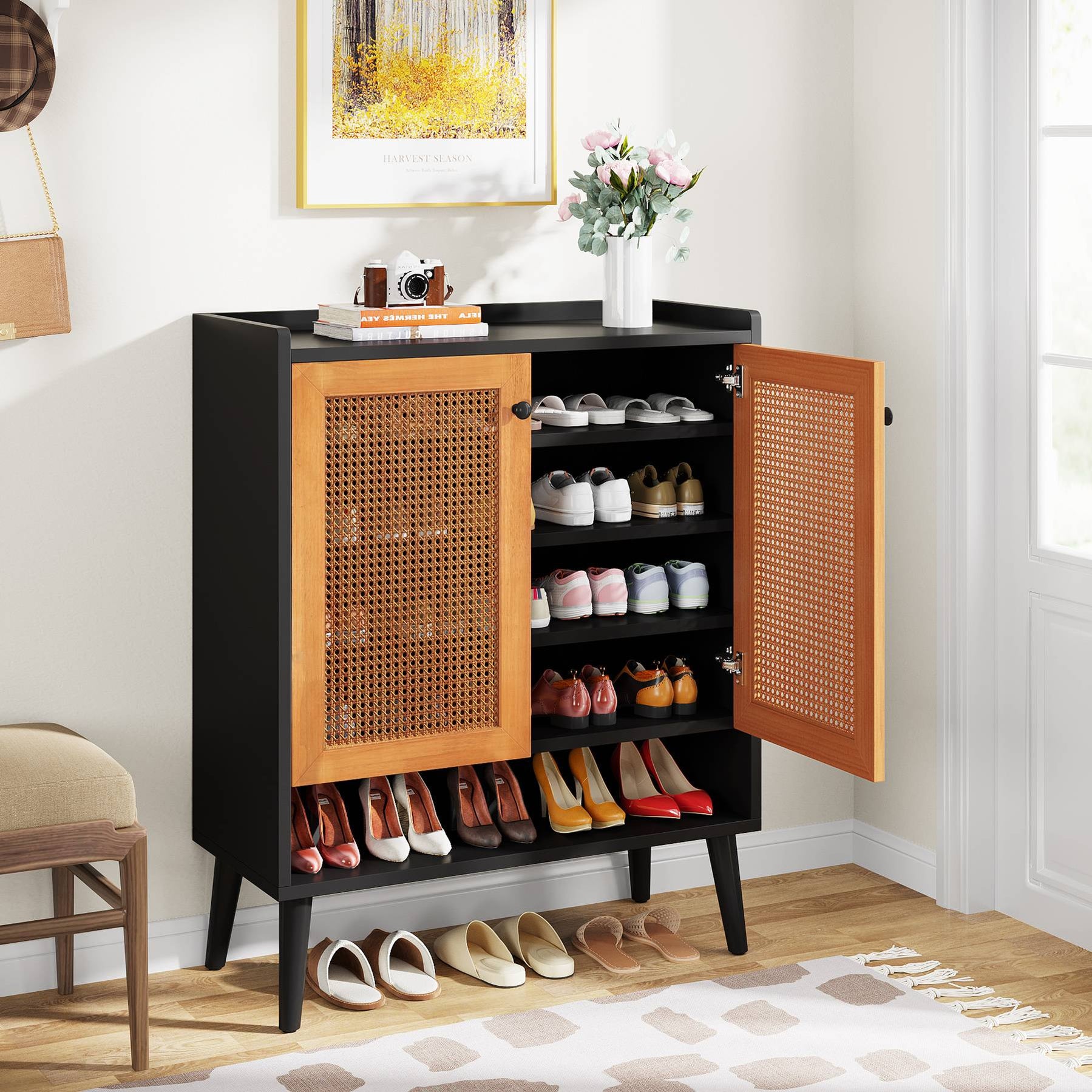 Tribesigns Shoe Cabinet, Rattan Shoe Organizer With Removable Shelves