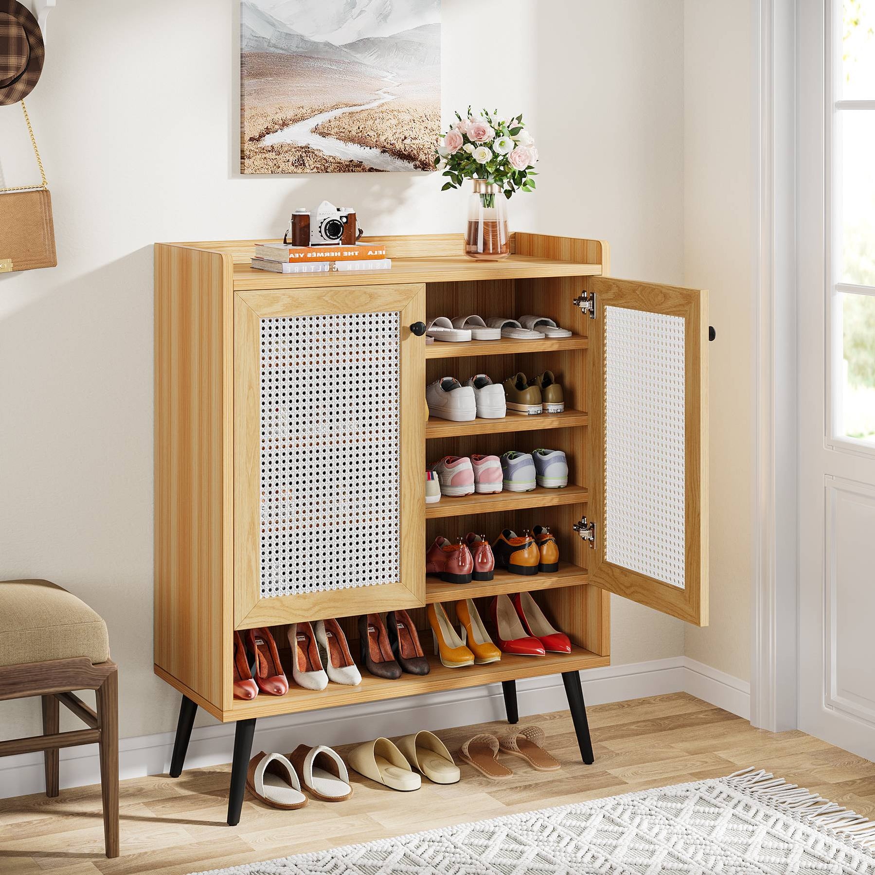 Tribesigns Shoe Cabinet, Rattan Shoe Organizer with Removable Shelves