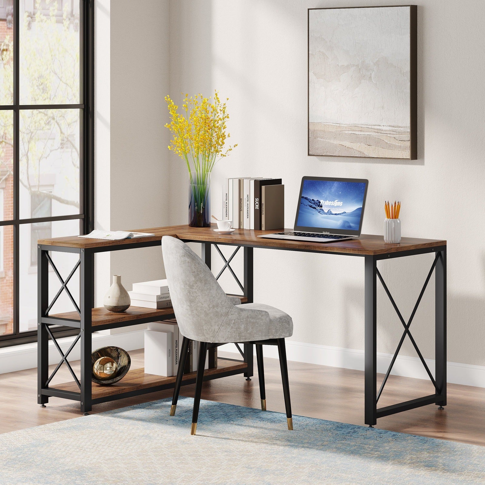 VASAGLE Industrial L-Shaped Computer Desk, Corner Desk, Office Study Workstation with Shelves for Home Office, Space-Saving, Easy to Assemble, Rustic