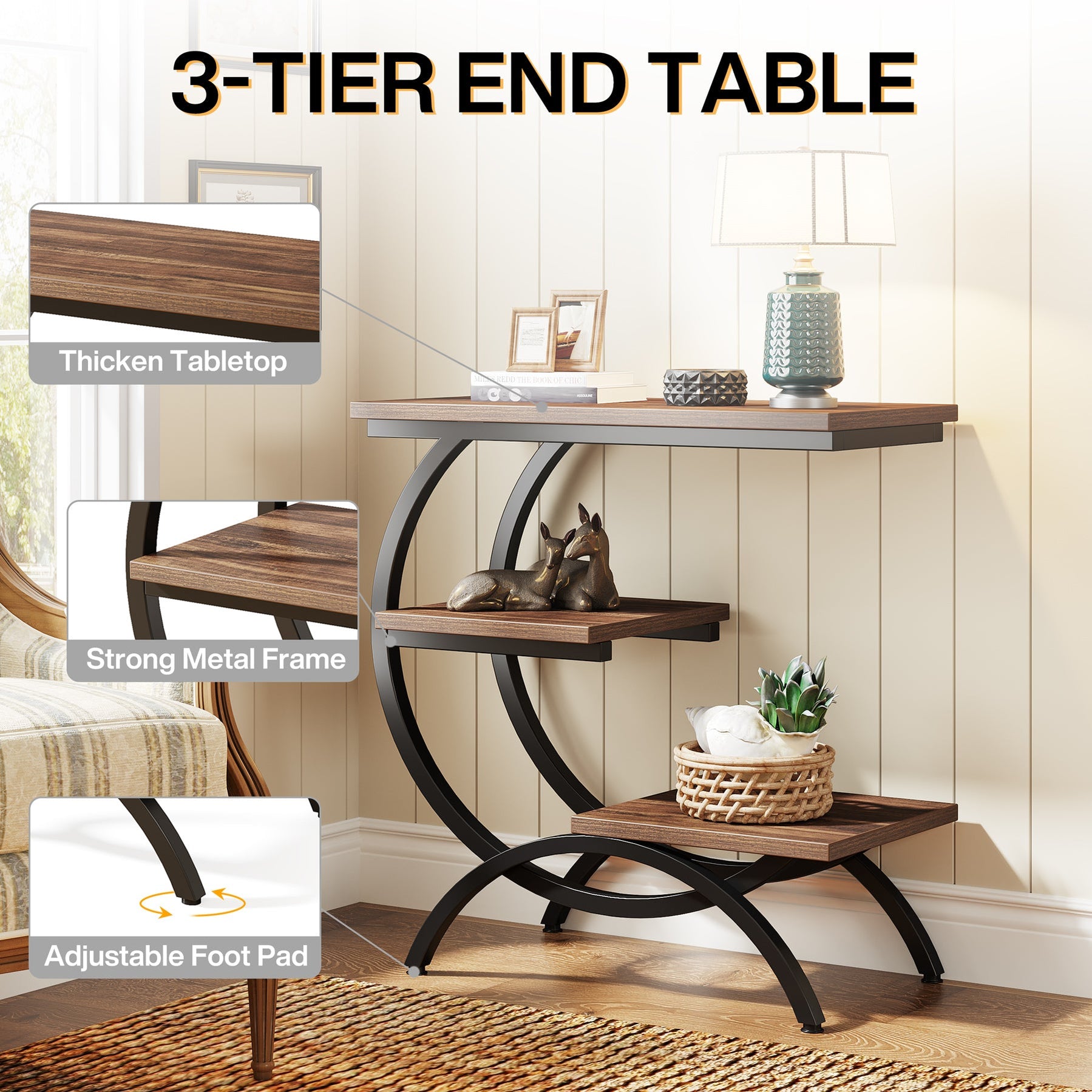 Tribesigns C-Shaped End Table, Industrial 3-Tier Side Table